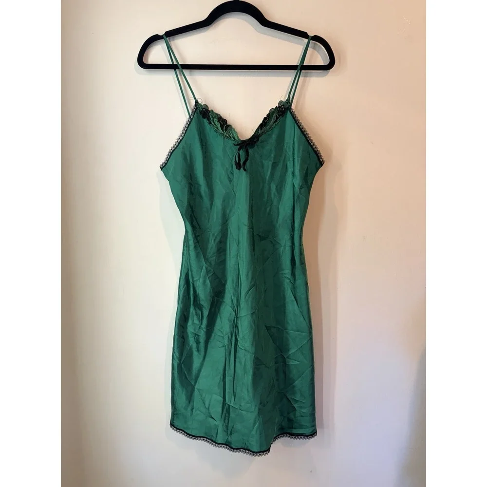 Vintage Satin Slip Lingerie Dress Nighty‎ Green Lace Trim Medium Made In USA